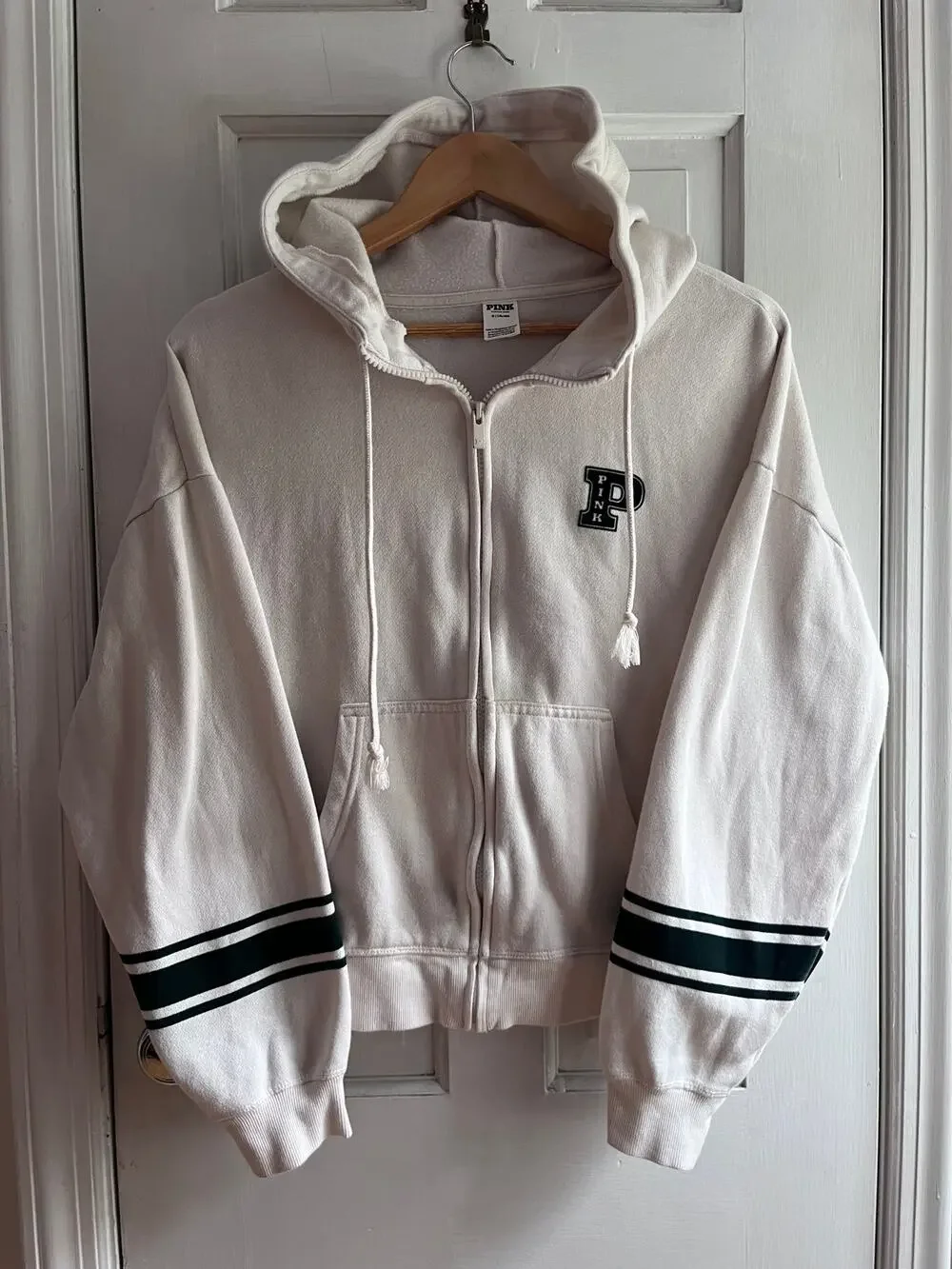 Victoria's Secret PINK Cream Green Velvet Stripe Full Zip Lounge Hoodie M | Y2k